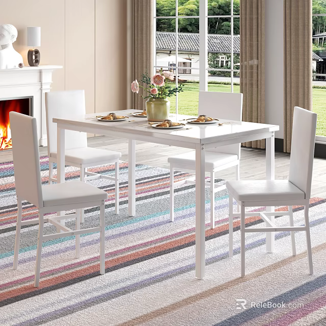Modern Dining Table Set With Four White Chairs Floral Centerpiece And Colorful Striped Rug 3d model 