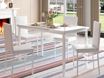 Modern Dining Table Set With Four White Chairs Floral Centerpiece And Colorful Striped Rug 3d model