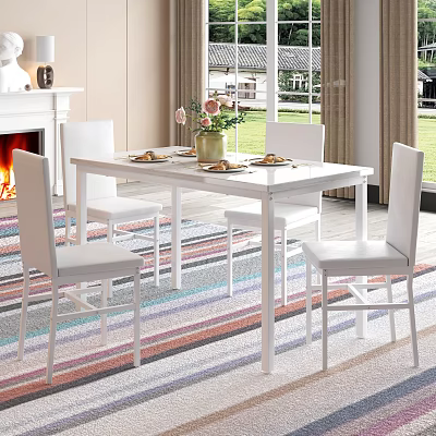 Modern Dining Table Set With Four White Chairs Floral Centerpiece And Colorful Striped Rug 3d model