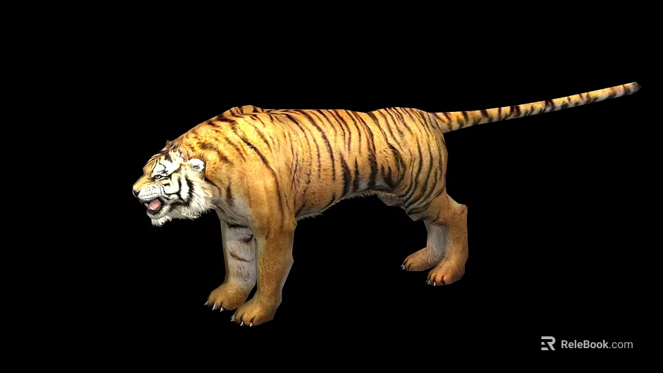 Realistic Tiger With Brownish Yellow Fur And Black Stripes On Black Background 3d model 