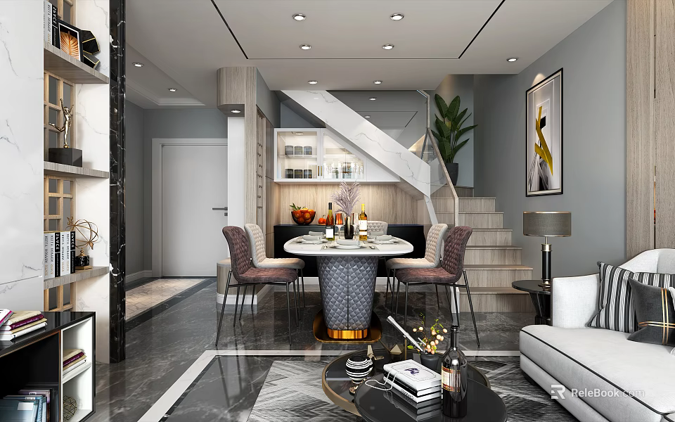 Modern Restaurant Interior With Round Dining Table Chairs Staircase Plant And Decorations 3d model 