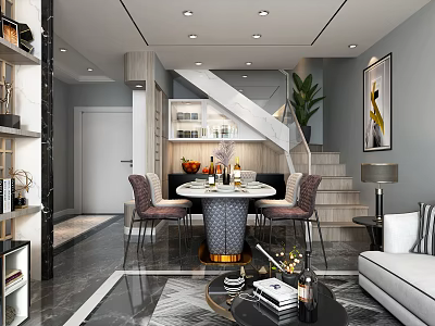 Modern Restaurant Interior With Round Dining Table Chairs Staircase Plant And Decorations 3d model