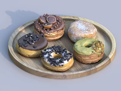 Five Various Types of Donuts with Assorted Toppings on Wooden Tray 3d model