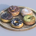 Five Various Types of Donuts with Assorted Toppings on Wooden Tray