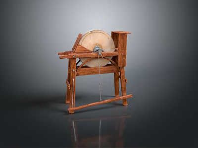 Traditional Wooden Manual Grindstone Tool With Stable Wooden Stand And Round Grinding Wheel 3d model