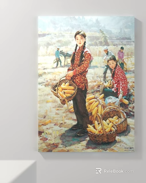 Rural Figure Painting Depicting Women in Red Clothes Harvesting Corn with Baskets in Farmland 3d model 