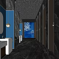Modern Public Restroom Interior Design With Blue Walls Marble Floors Soft Lighting And Mirrors