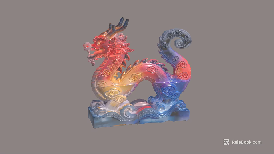 Colorful Dragon Shaped Landscape Sculpture With Curved Body And Wave Base 3d model 