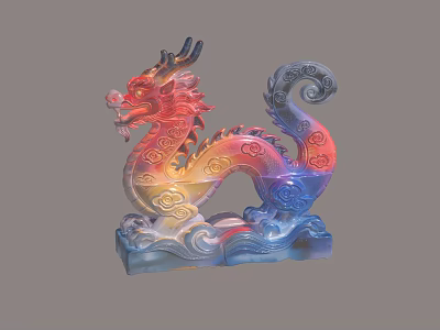 Colorful Dragon Shaped Landscape Sculpture With Curved Body And Wave Base 3d model