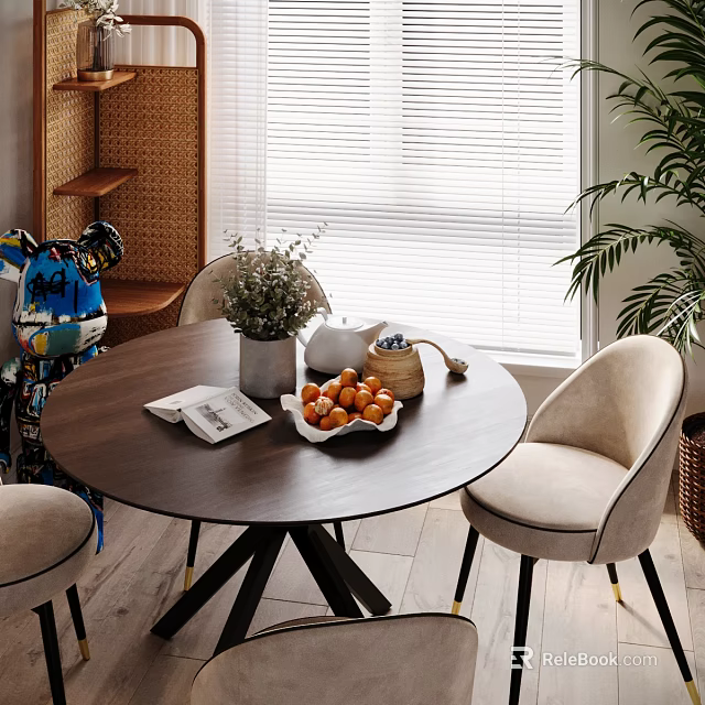 Modern Round Dining Table Set with Beige Chairs Vase Fruit Bowl Blinds Rattan Shelf Plant 3d model 