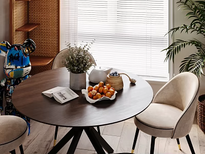 Modern Round Dining Table Set with Beige Chairs Vase Fruit Bowl Blinds Rattan Shelf Plant 3d model