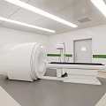 Hospital Outpatient CT Room With Modern Medical Equipment Examination Table White Walls And Green Stripes