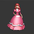 Red Haired Game Movie Character in Pink Dress with White Collar Bows on Gray Platform
