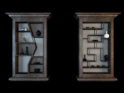 Traditional Wooden Decorative Cabinet With Layered Shelves And Decorative Items 3d model