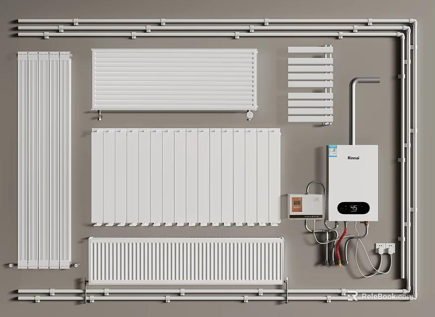 Various Types of Home Heating Radiators with Piping System Boiler and Control Panel 3d model 