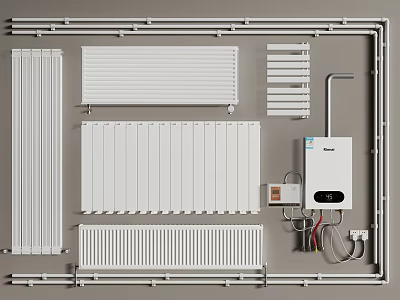 Various Types of Home Heating Radiators with Piping System Boiler and Control Panel 3d model