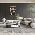 Modern Living Room Interior Design With Beige Sofa Coffee Table Green Plant And Bookshelf
