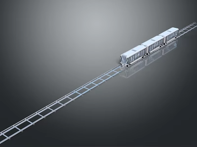 White Model Train On Long Railway Track With Dark Background Reflection 3d model