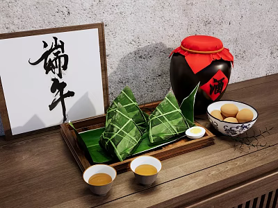 Traditional Dragon Boat Festival Food Bamboo Leaves Wrapped Zongzi Salted Duck Eggs And Tea 3d model