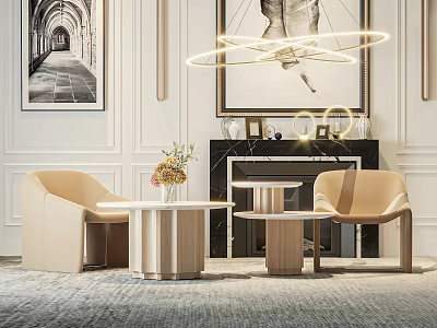 Beige Leisure Chairs In Modern Living Room With Round Wooden Coffee Tables And Fireplace 3d model
