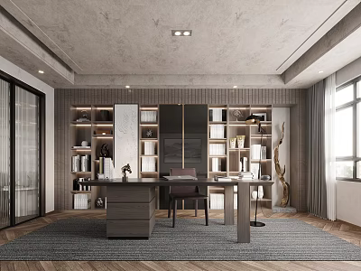Modern Study Room Interior With Golden Framed Bookshelves Dark Desk And Large Windows 3d model