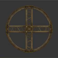 Antique Wooden Cart Wheel With Cross Spokes And Sturdy Wooden Frame Design