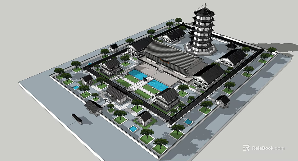Traditional Ancient Chinese Architecture Complex with Pagoda Courtyard and Trees 3d model 