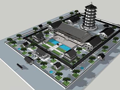 Traditional Ancient Chinese Architecture Complex with Pagoda Courtyard and Trees 3d model