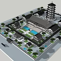 Traditional Ancient Chinese Architecture Complex with Pagoda Courtyard and Trees