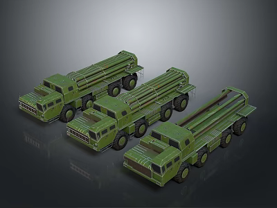 Three Green 3D Rendered Military Missile Launcher Vehicles on Gray Background 3d model
