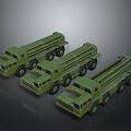 Three Green 3D Rendered Military Missile Launcher Vehicles on Gray Background