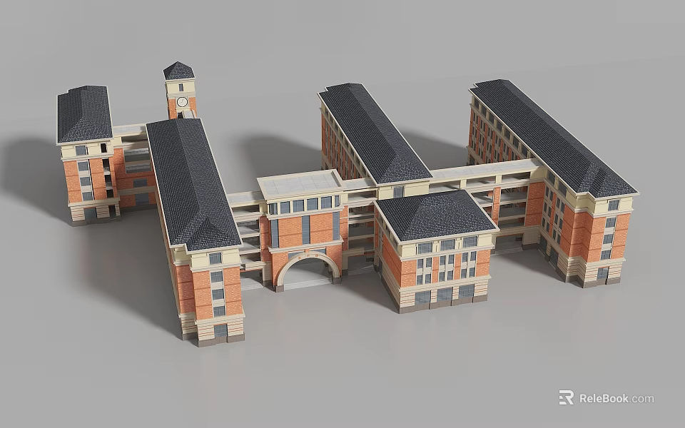 Traditional Red Brick School Building With Clock Tower Archway And Connected Dark Roof Structures 3d model 
