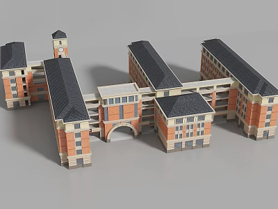 Traditional Red Brick School Building With Clock Tower Archway And Connected Dark Roof Structures 3d model
