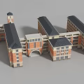 Traditional Red Brick School Building With Clock Tower Archway And Connected Dark Roof Structures