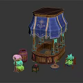 Cartoon Scene Wooden Kiosk With Blue Striped Awning Floral Pattern Wooden Barrels And Small Plants