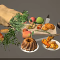 Fresh Apples Bananas Garlic Bread Rolls Bundt Cake And Parsley Pastries