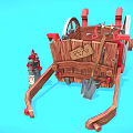 Vintage Wooden Utility Cart With Red Accents POP Cans And Shovel Tools