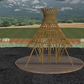 Unique Wooden Pergola With Creative Structure Illuminated At Night Against Mountain And Water Background