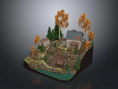 Rural Landscape Model With Stone House Orange Leaved Trees Green Pines Pathway And Water Area 3d model