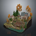 Rural Landscape Model With Stone House Orange Leaved Trees Green Pines Pathway And Water Area