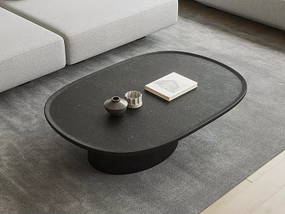 Modern Black Oval Coffee Table With Gray Sofa On Rug And Decorative Book 3d model