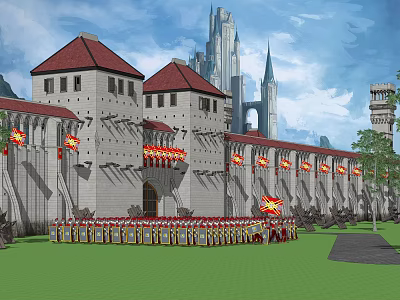 Ancient Architecture With Red Roofs Stone Walls Flags And Soldiers In Formation 3d model