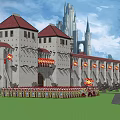 Ancient Architecture With Red Roofs Stone Walls Flags And Soldiers In Formation