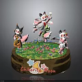 Colorful Fantasy Creatures on Round Base with Grass Flowers Stars and Chlorite Moon