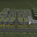 Aerial View Planning of Modern Buildings With Green Roofs Trees and Roads