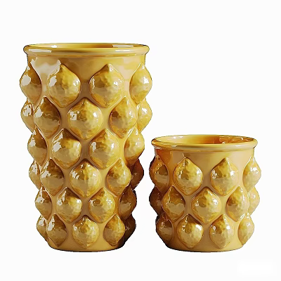 Yellow Decorative Ceramic Vessels With Textured Patterns Tall And Short 3d model