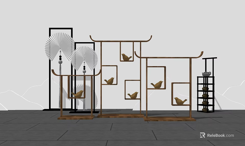 Stylish Ornament Decoration Set With Wooden Shelves Bird Figurines And Fan Shaped Decor 3d model 