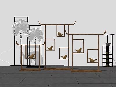 Stylish Ornament Decoration Set With Wooden Shelves Bird Figurines And Fan Shaped Decor 3d model