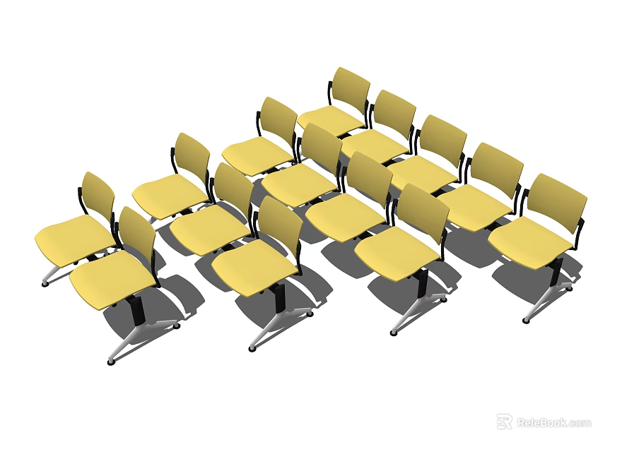 Public Chairs in Yellow Color with Metal Legs Arranged in Rows for Public Areas 3d model 