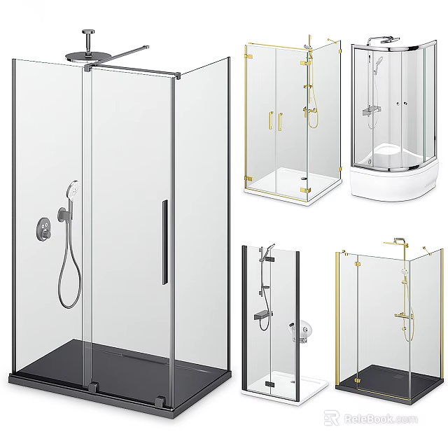 Elegant Shower Sauna Glass Enclosures Featuring Modern Designs And Black Gold Frames 3d model 
